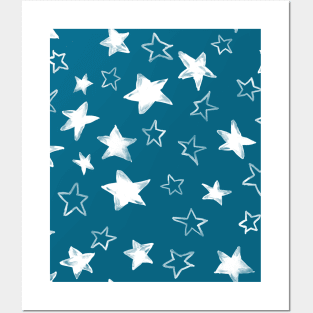 Holiday christmas watercolor white stars over blue peacock background Posters and Art